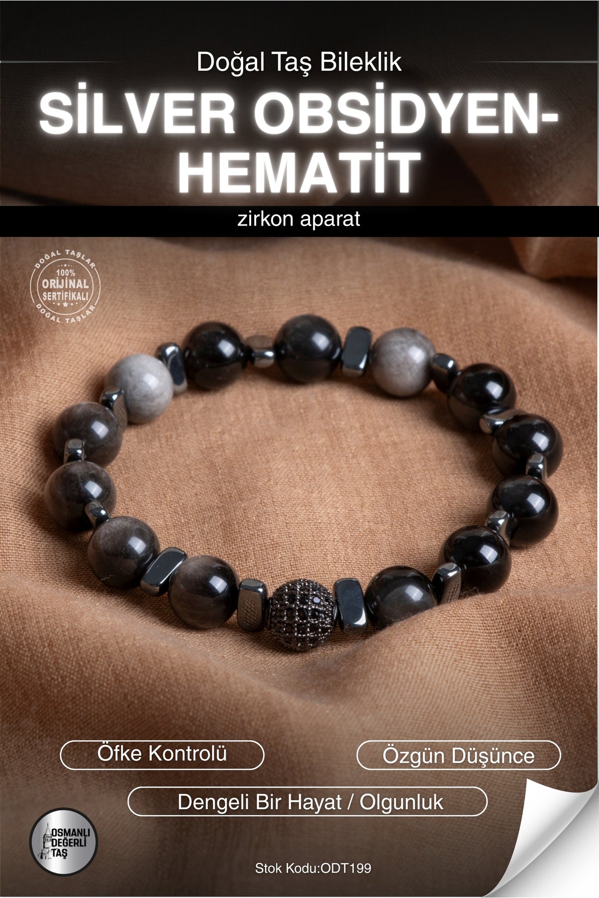 SERTİFİKALI Silver Obsidyen-Hematit Doğal Taş Zirkon Aparat Bileklik ODT199