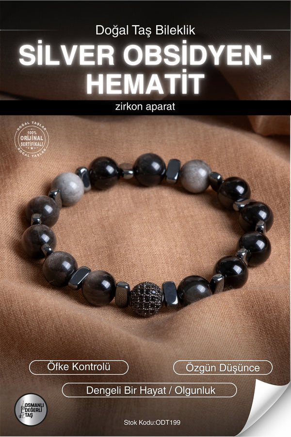 SERTİFİKALI Silver Obsidyen-Hematit Doğal Taş Zirkon Aparat Bileklik ODT199
