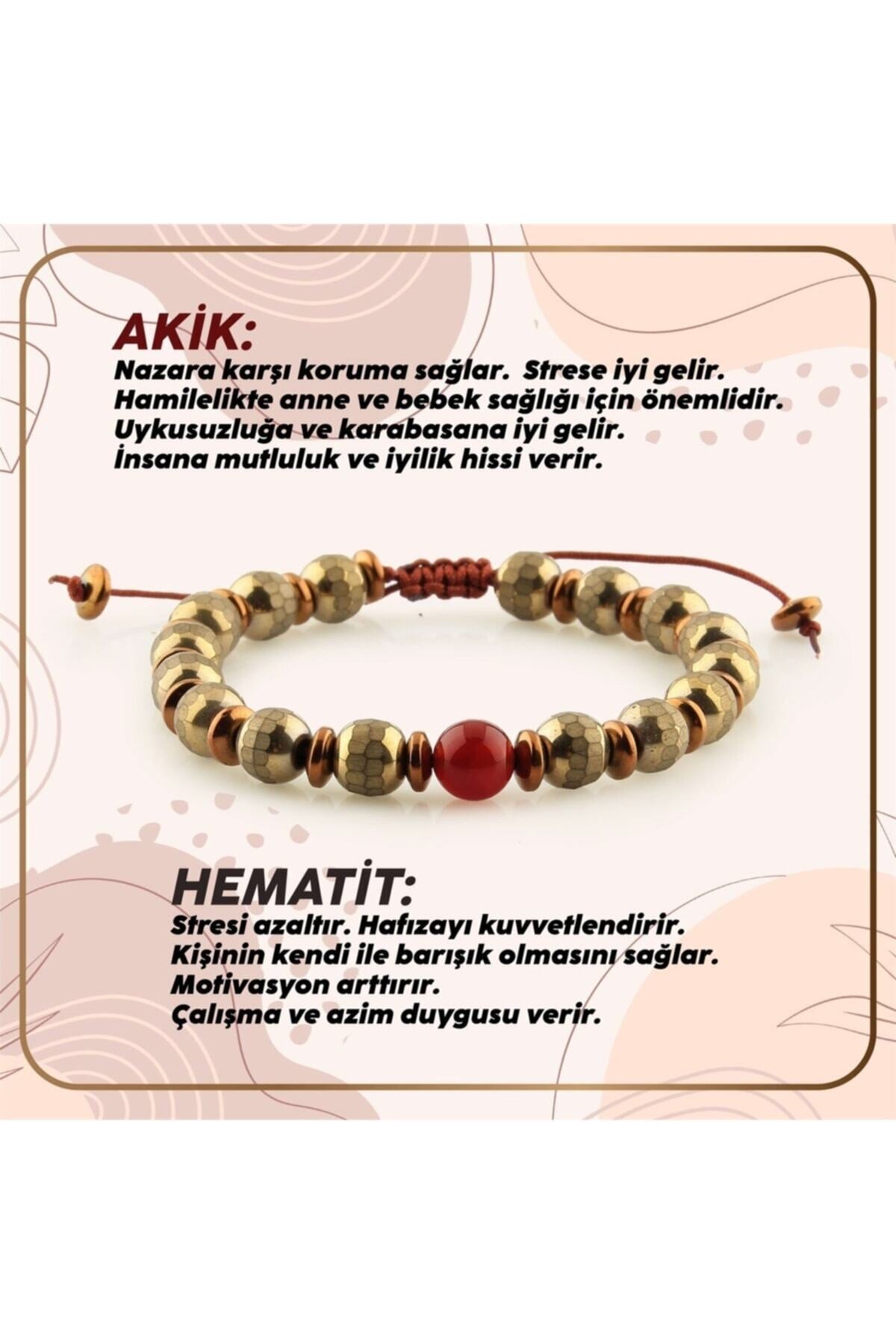 Sertifikalı Akik - Hematit Doğal Taşı Bileklik - 8 Mm