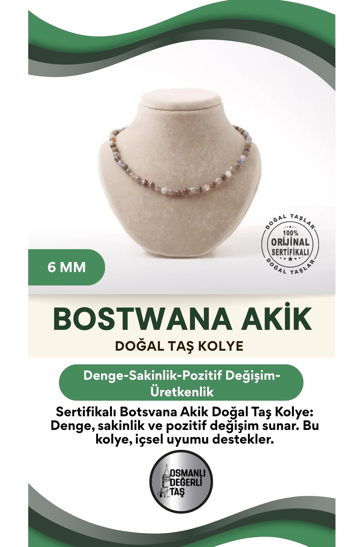 Sertifikalı Bostwana Akik Doğaltaş Kolye 6 Mm, M565