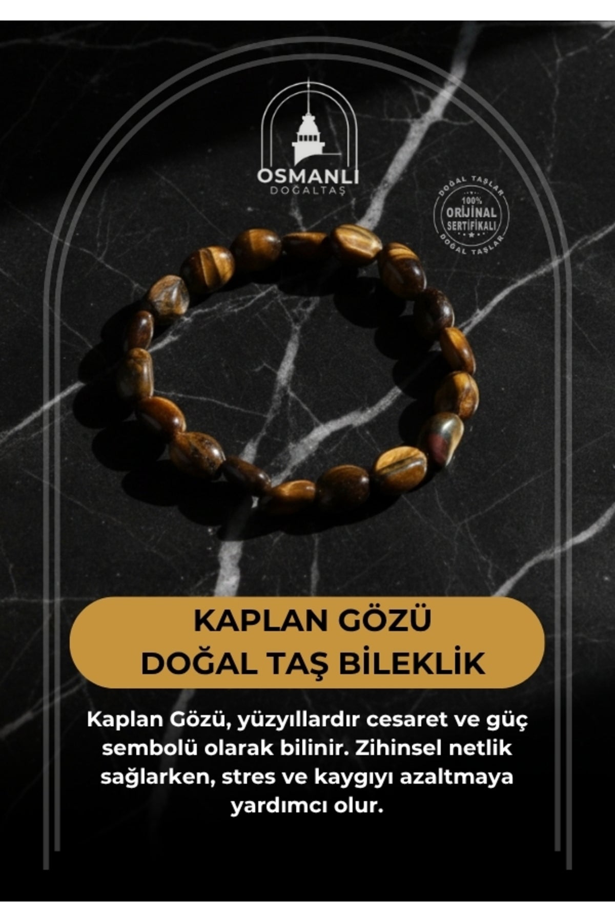 Sertifikalı Kaplan Gözü Doğal Taş Bileklik Naturel Kesim