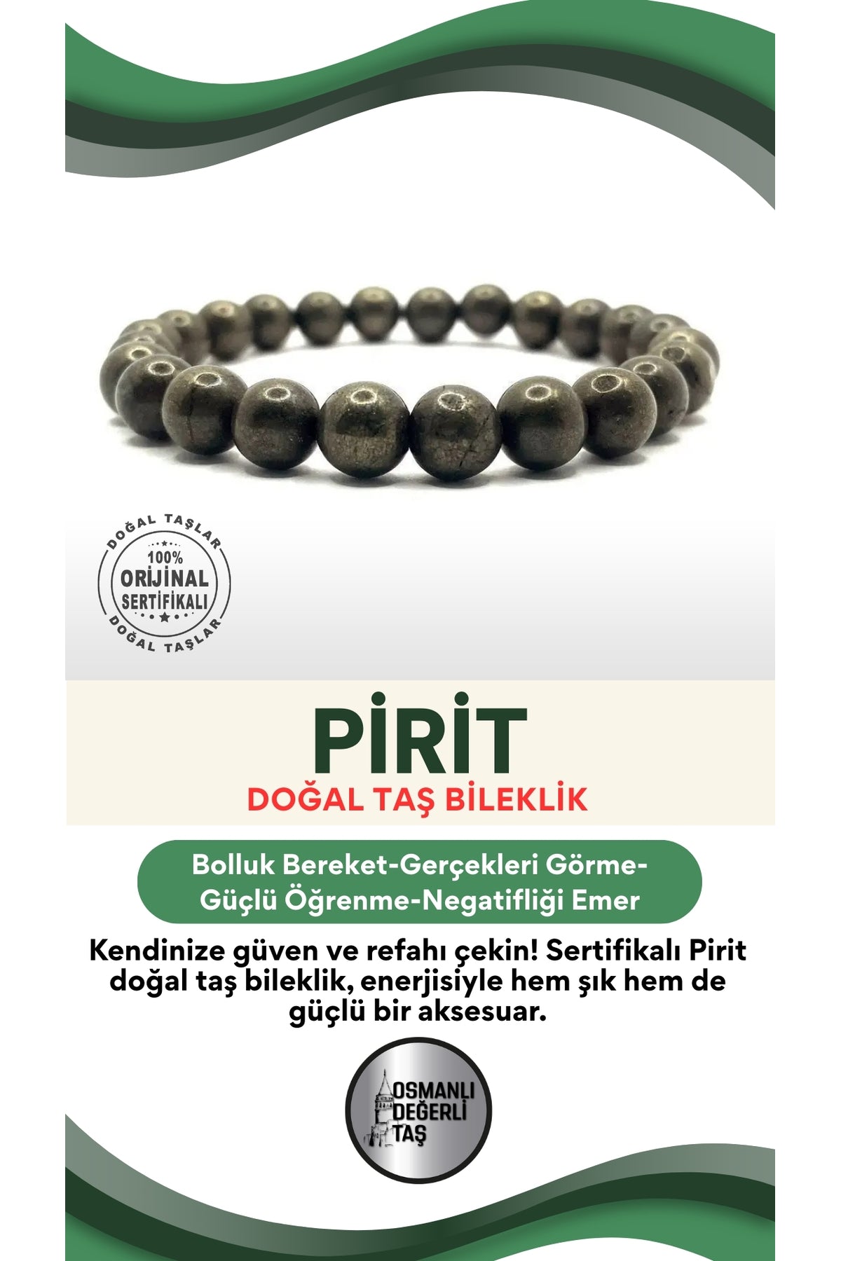 Sertifikalı Hakiki Orijinal Pirit 8mm Doğal Taş Misinalı Bileklik