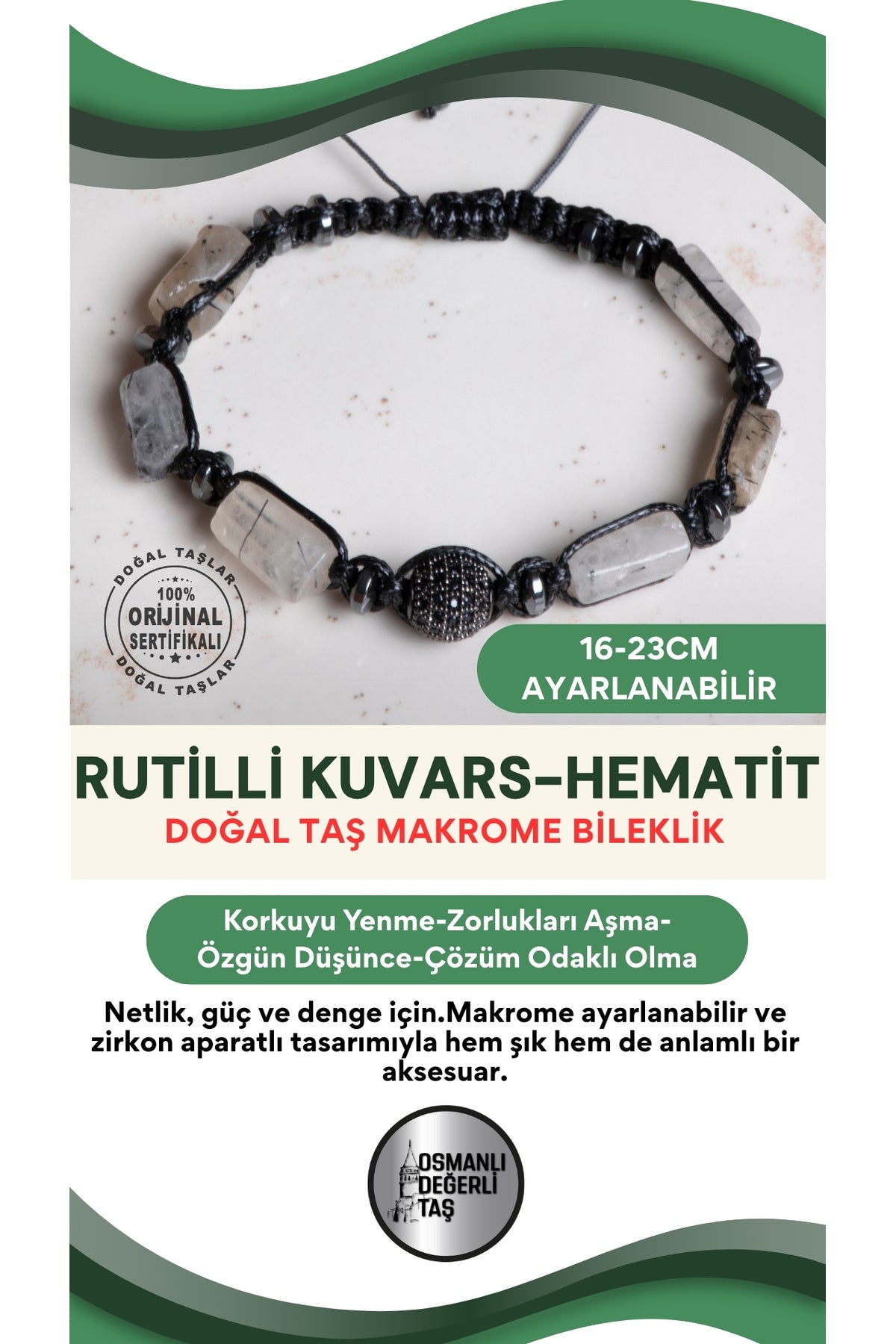 SERTİFİKALI Rutilli Kuvars-Hematit Doğal Taş Makrome Ayarlanabilir Zirkon Aparatlı Bileklik No:2