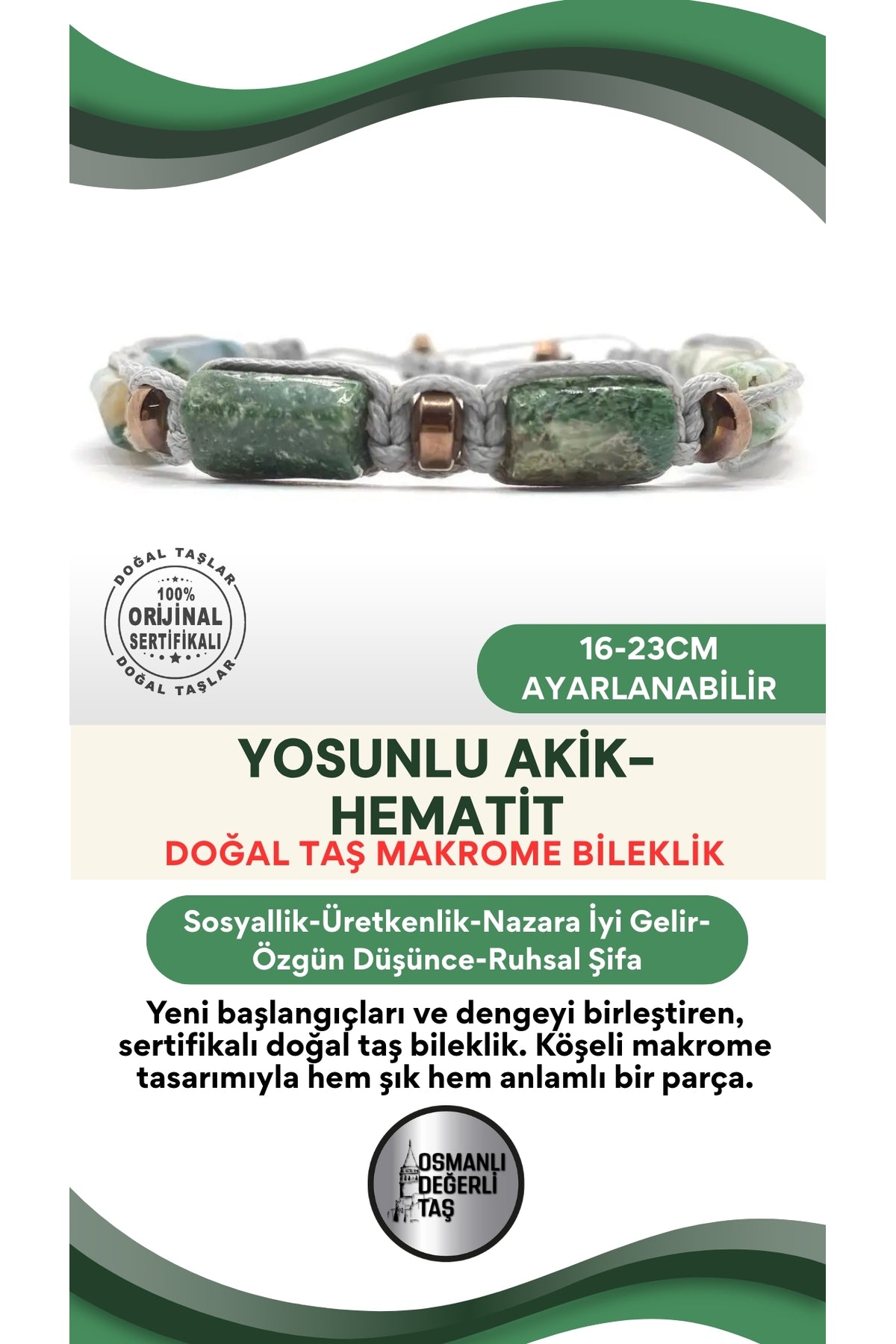 Sertifikalı Hakiki Orijinal Yosunlu Akik - Hematit  Doğal Taş İpli Bileklik (Köşeli Makrome Model)