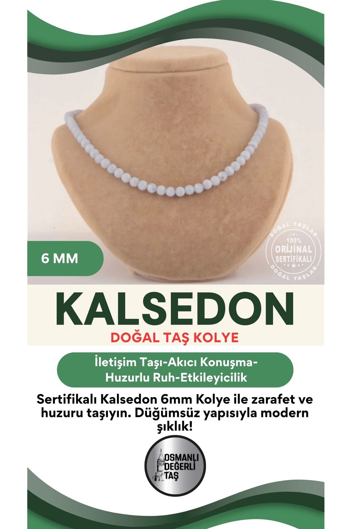 Sertifikalı Kalsedon 6 Mm Kolye (DÜĞÜMSÜZ)
