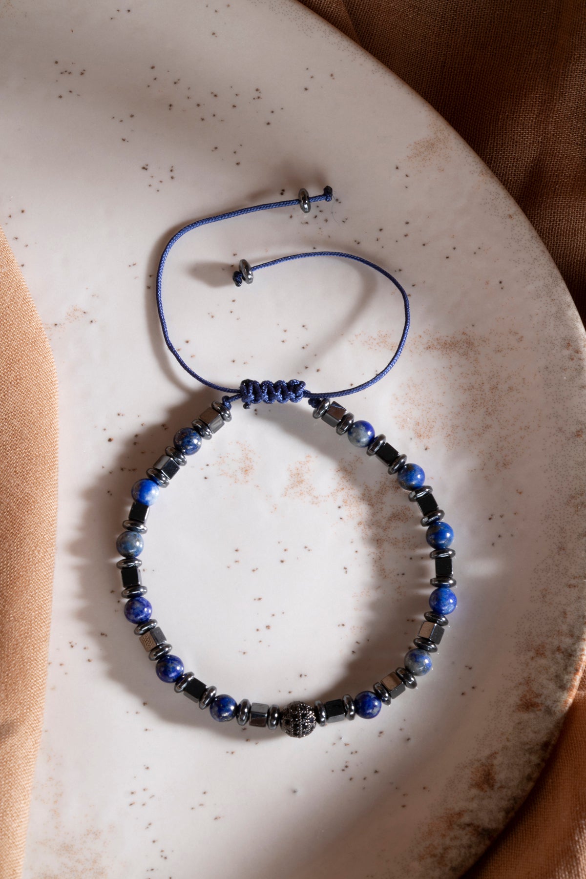 SERTİFİKALI Lapis Lazuli-Hematit Doğal Taş Makrome Ayarlanabilir Bileklik