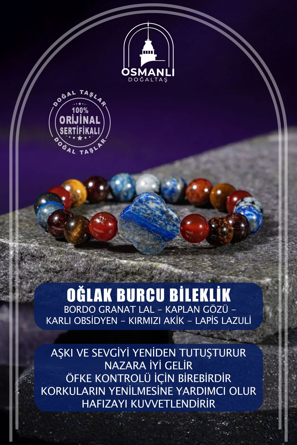 Oğlak Burcu Doğal Taş 8mm Yonca Bileklik