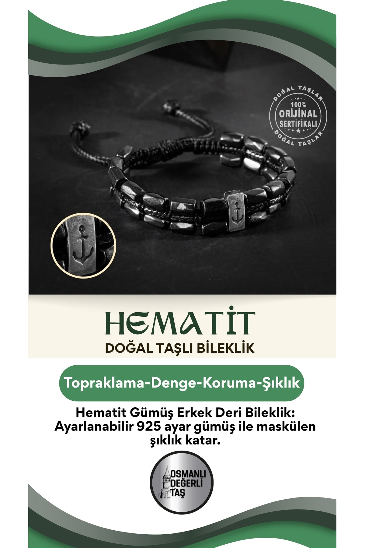 Hematit Doğal Taş Gümüş Erkek Deri Bileklik Ayarlanabilir Ölçü 925 Ayar