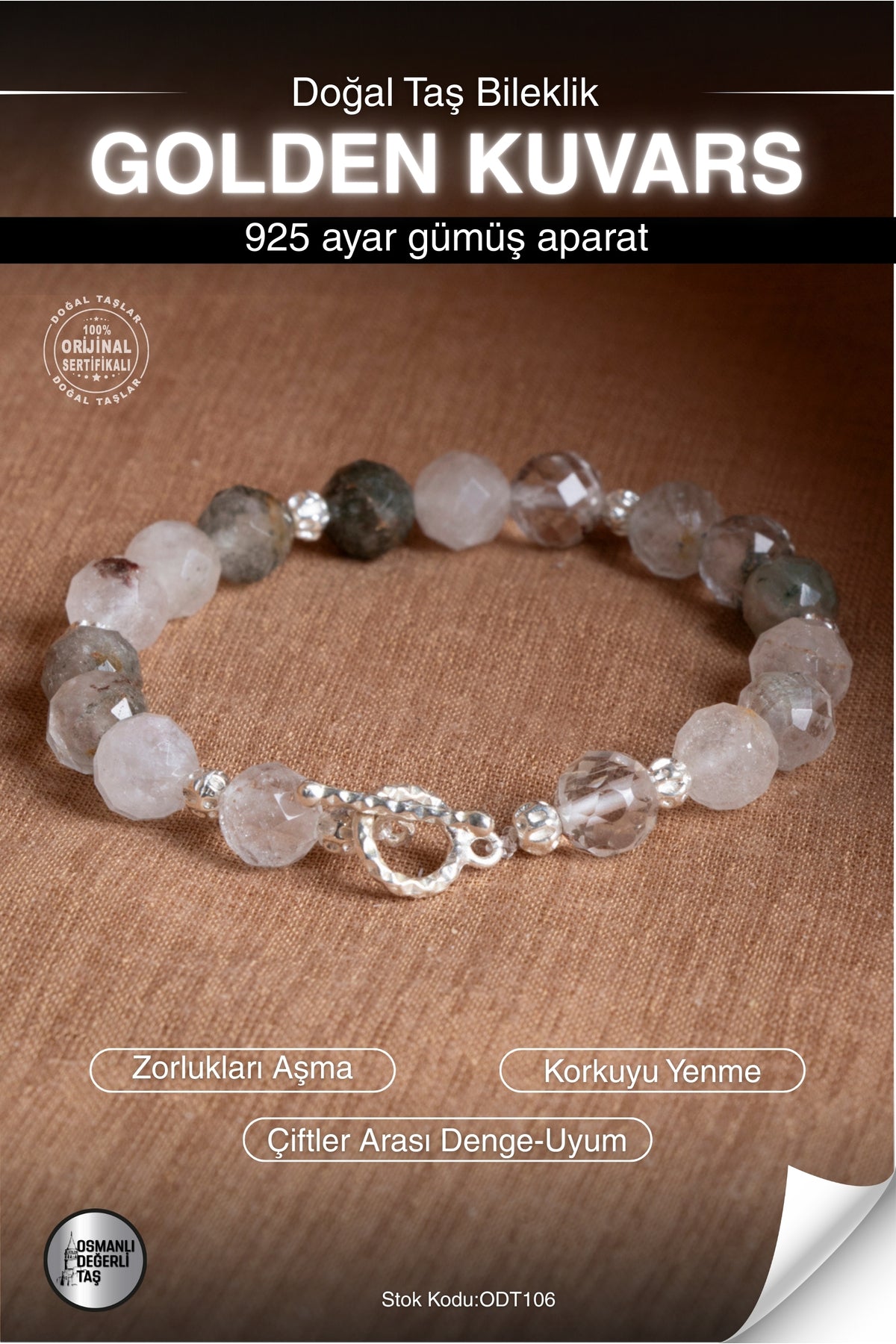 Sertifikalı Golden Kuvars Doğal Taş 925 Ayar Gümüş Aparatlı Bileklik ODT106