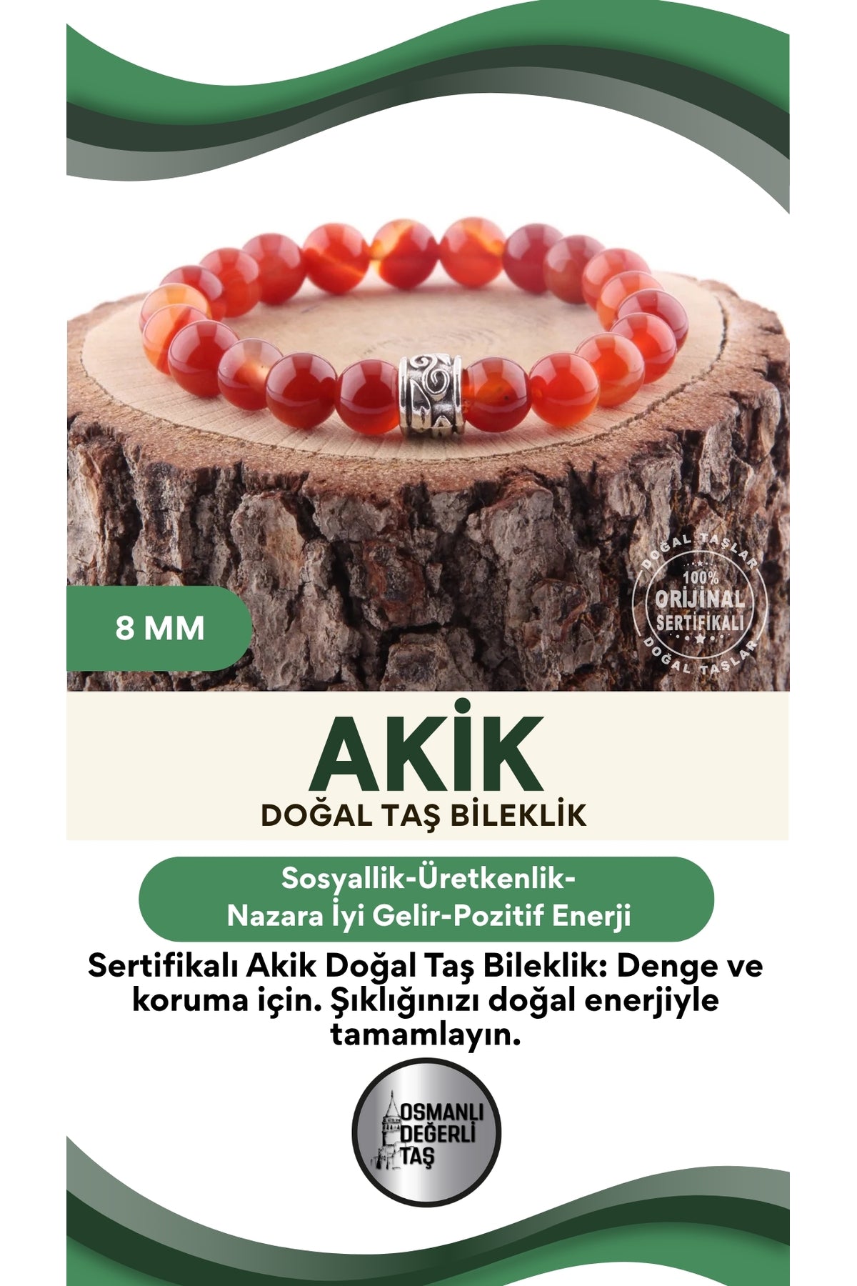 Sertifikalı Akik Doğal Taş Bileklik - 8 Mm B774