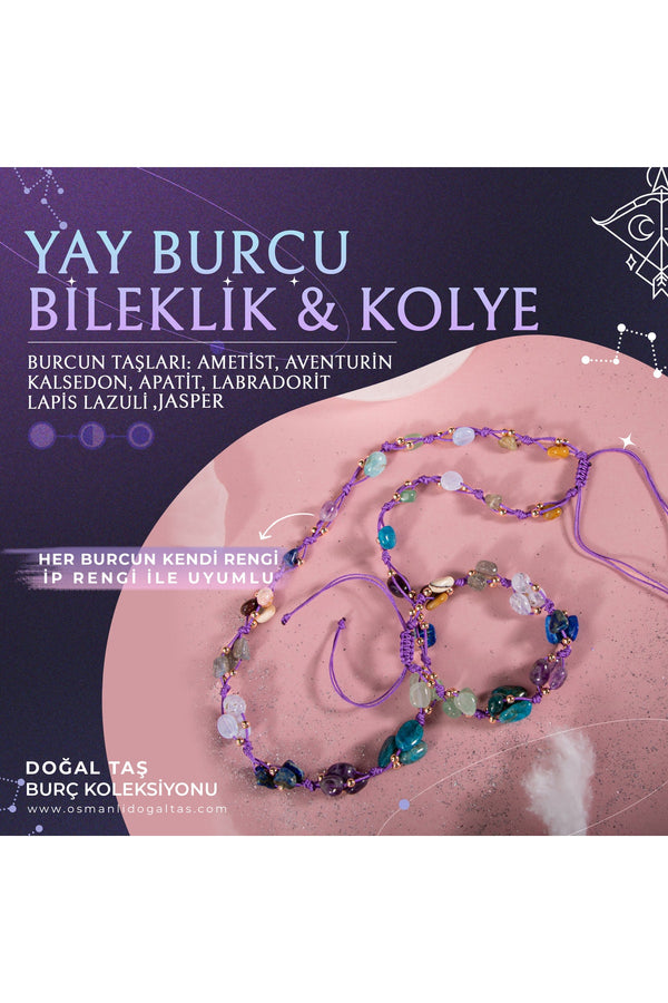 Yay Burcu Doğal Taş Natürel Makrome Kolye Bileklik Seti