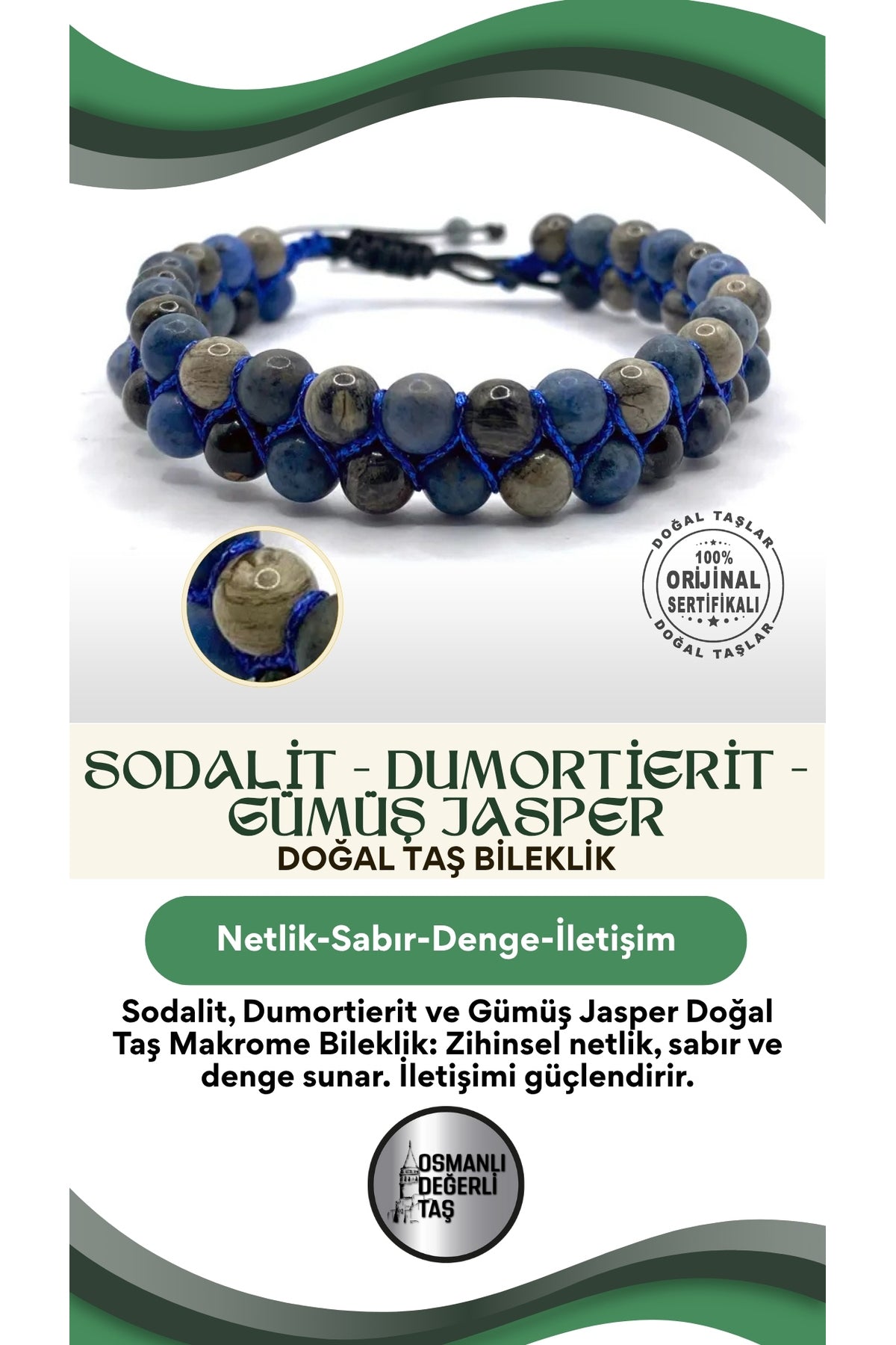 Sodalit - Dumortierit - Gümüş Jasper Doğal Taş Makrome Çift Taşlı Örgü Bileklik