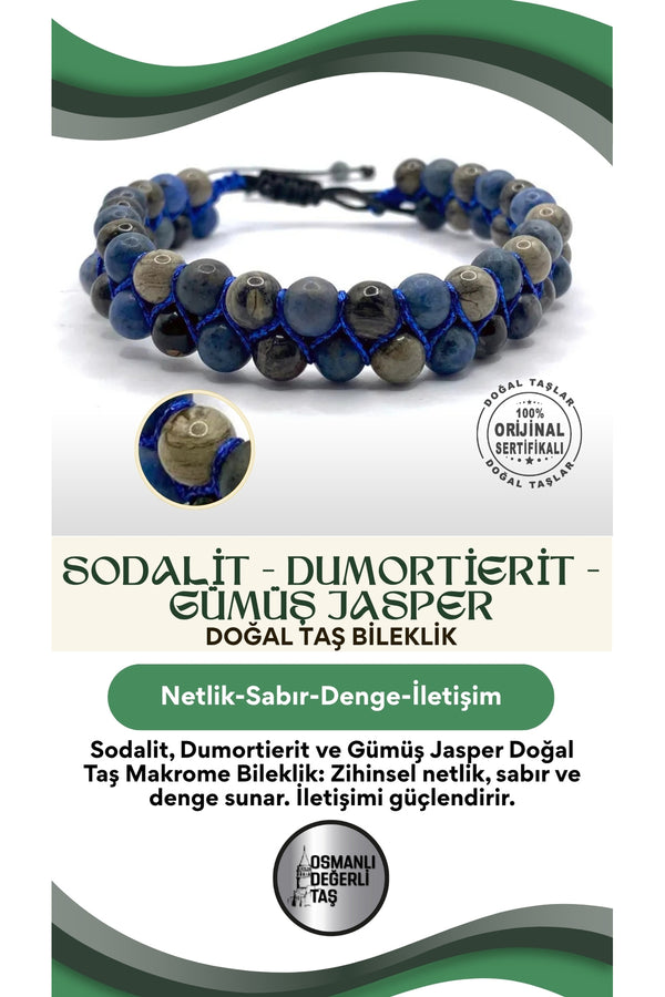 Sodalit - Dumortierit - Gümüş Jasper Doğal Taş Makrome Çift Taşlı Örgü Bileklik