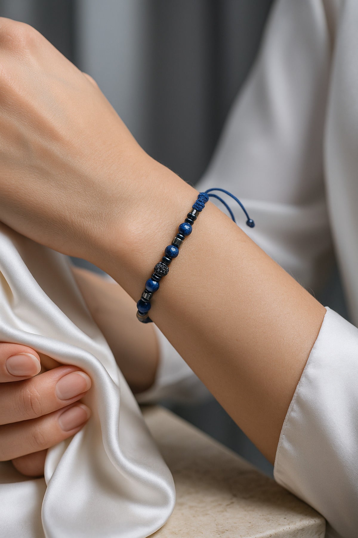 SERTİFİKALI Lapis Lazuli-Hematit Doğal Taş Makrome Ayarlanabilir Bileklik