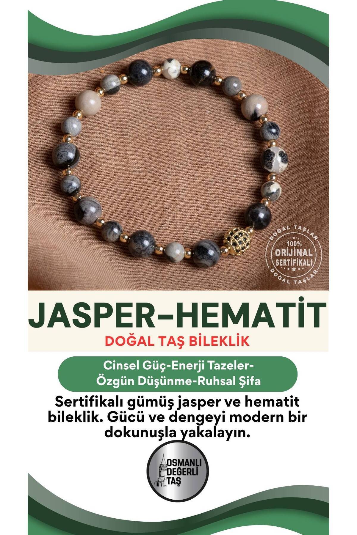 SERTİFİKALI Gümüş Jasper-Hematit Doğal Taş Bileklik 6-8 mm