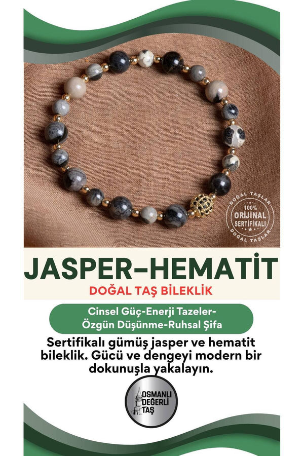 SERTİFİKALI Gümüş Jasper-Hematit Doğal Taş Bileklik 6-8 mm