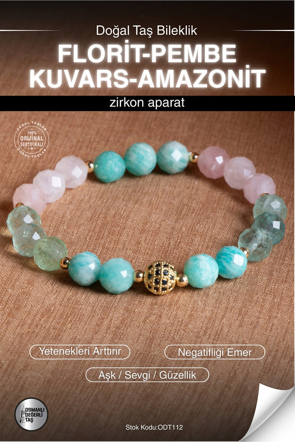 Sertifikalı FLORİT-PEMBE KUVARS-AMAZONİT Doğal Taş Zirkon Aparatlı Bileklik ODT112