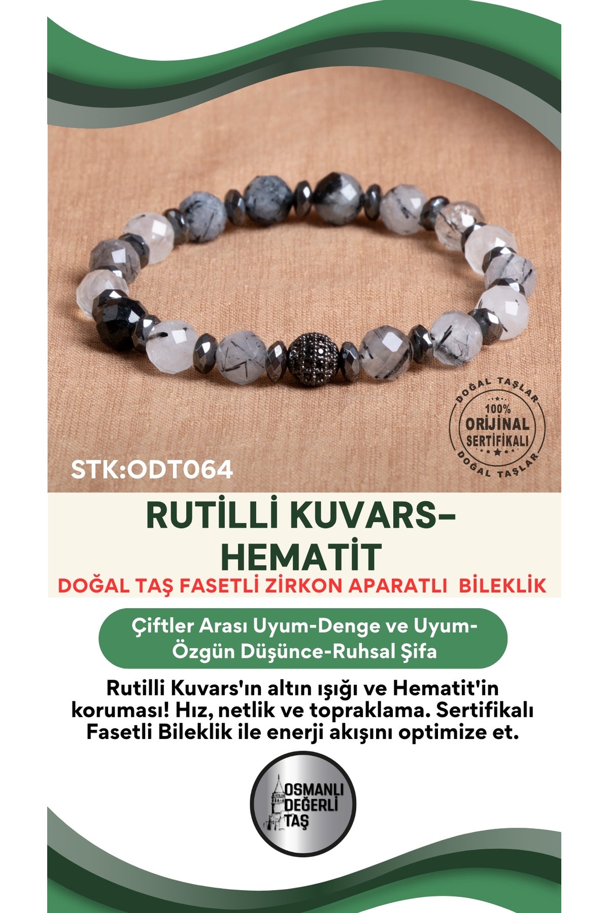 Sertifikalı Rutilli Kuvars-Hematit Doğal Taş Fasetli Bileklik ODT064