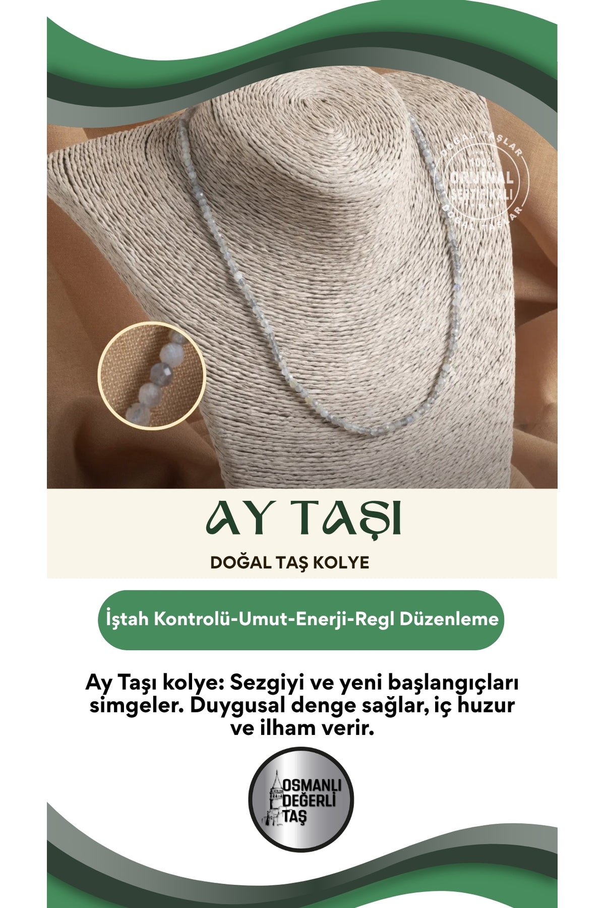 Sertifikalı Ay Taşı Doğal Taş Kolye