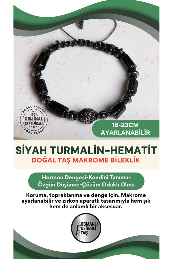 SERTİFİKALI Turmalin-Hematit Doğal Taş Makrome Ayarlanabilir Zirkon Aparatlı Bileklik