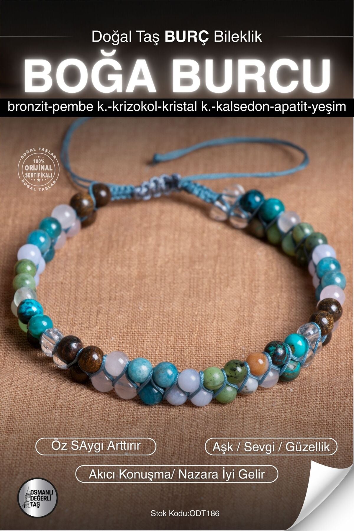 SERTİFİKALI Bronzit-Krizokol-P.&K. Kuvars-Kalsedon-Apatit-Yeşim Boğa Burç Doğal Taş Bileklik ODT186