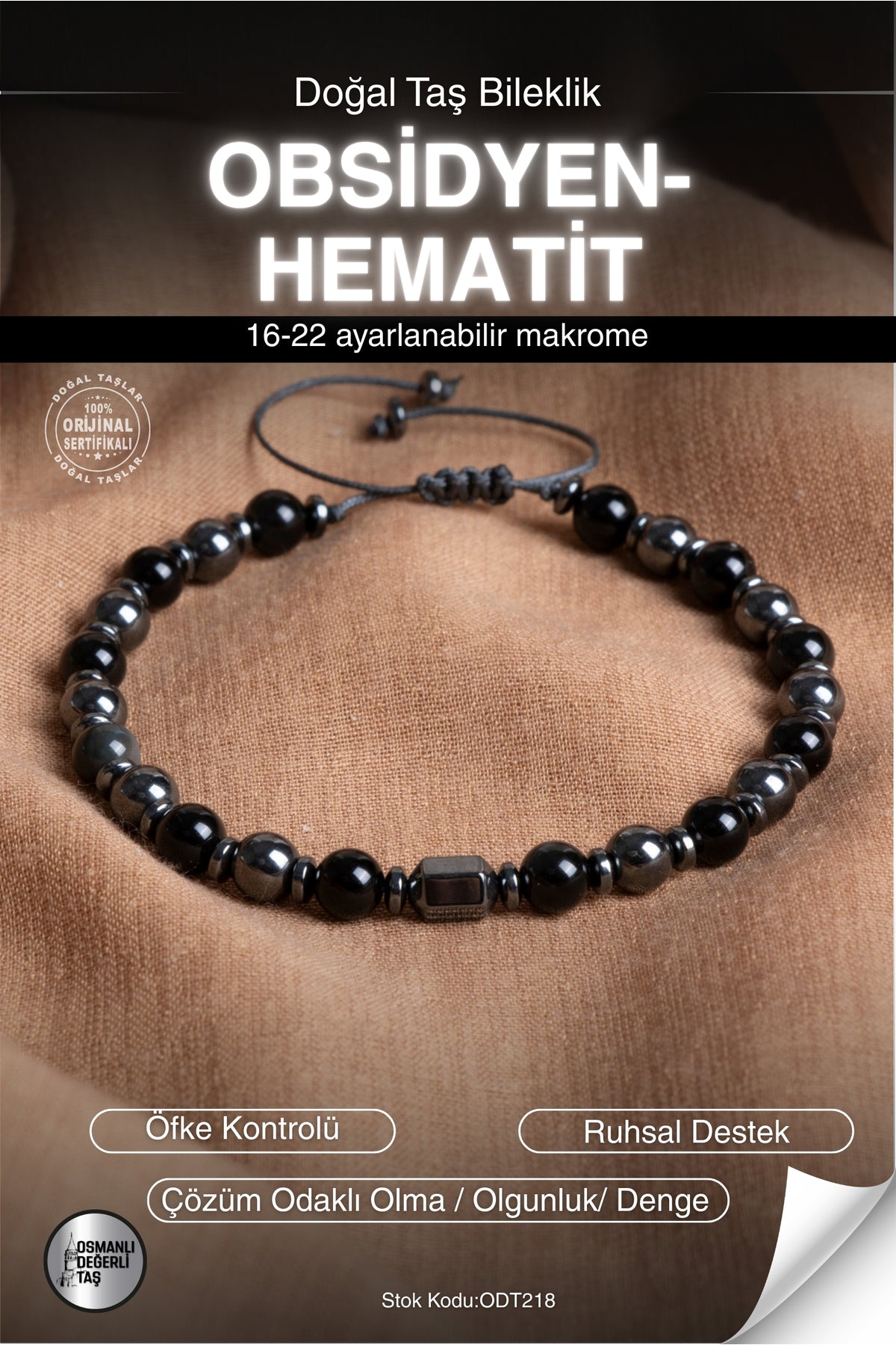 SERTİFİKALI Obsidyen-Hematit Doğal Taş Makrome Bileklik ODT218