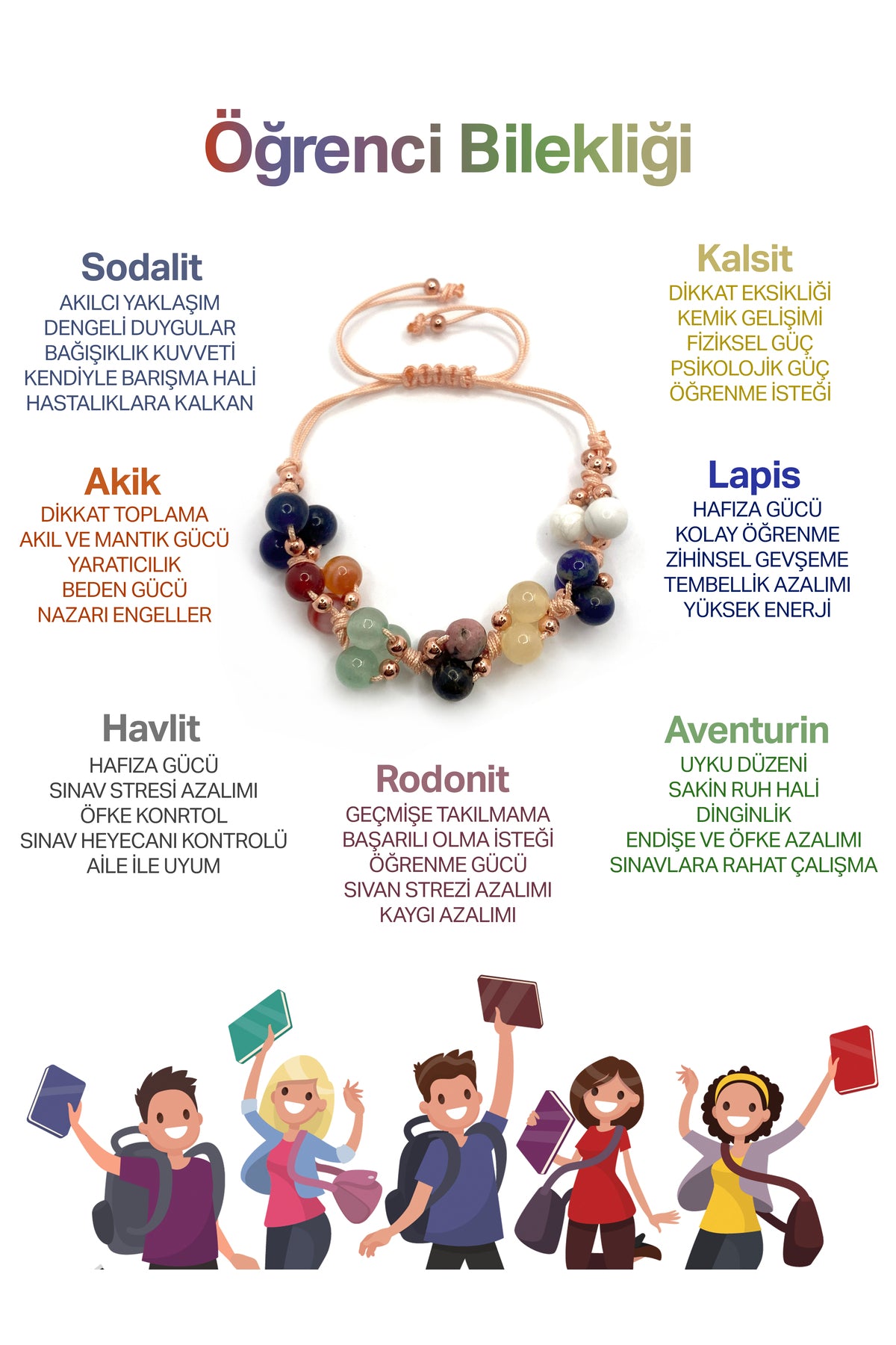 Öğrenci Bilekliği Doğal Taş Lapis-Sodalit-Karnelyan Akik-Kalsit-Aventurin-Rodonit-Havlit