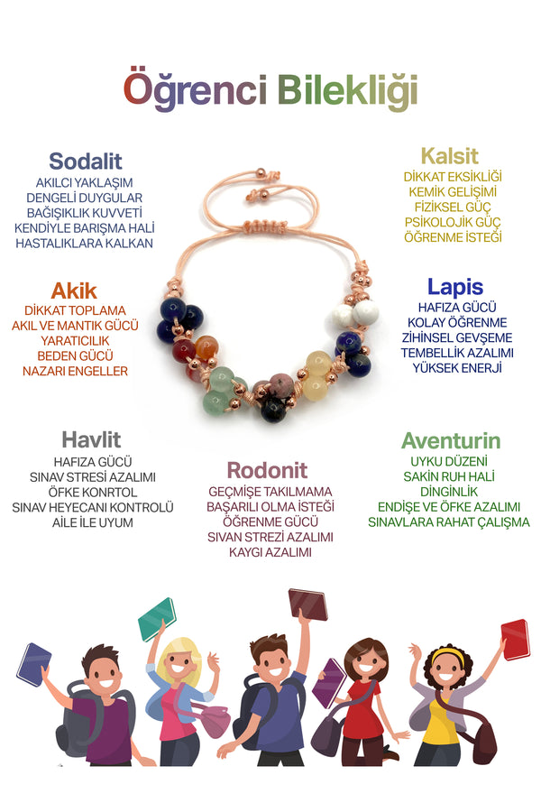 Öğrenci Bilekliği Doğal Taş Lapis-Sodalit-Karnelyan Akik-Kalsit-Aventurin-Rodonit-Havlit