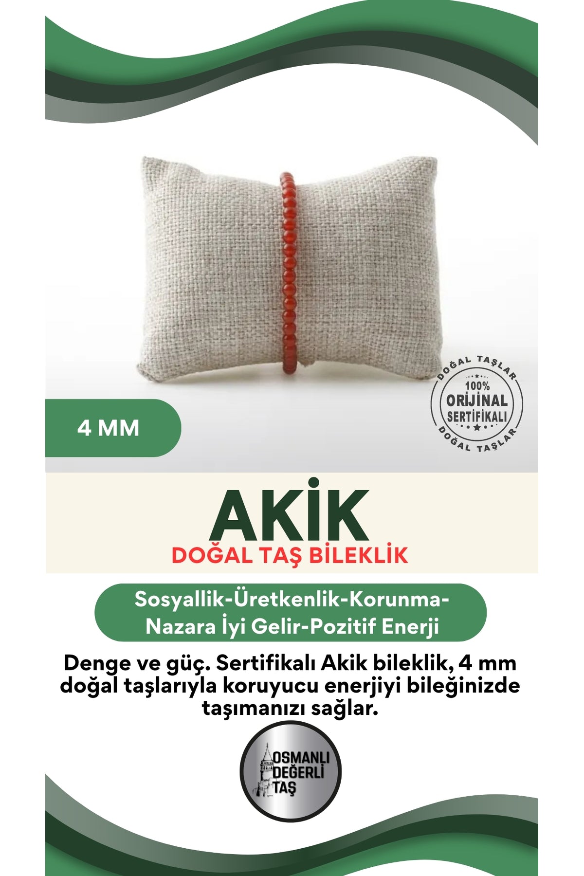Sertifikalı Kırmızı Akik Doğaltaş Bileklik 4 Mm, B977