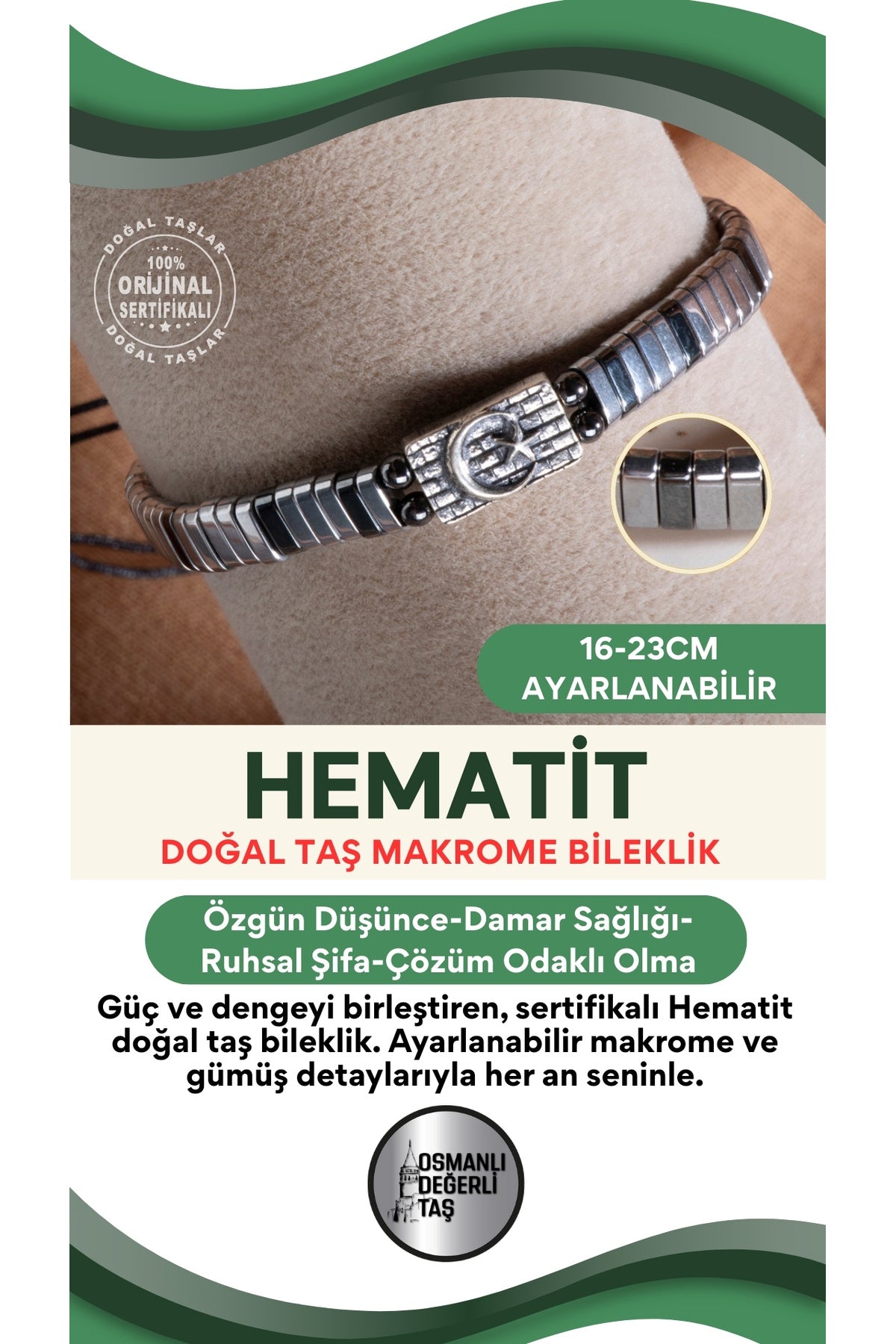 SERTİFİKALI Hematit Doğal Taş Makrome Ayarlanabilir Gümüş Bileklik No:4