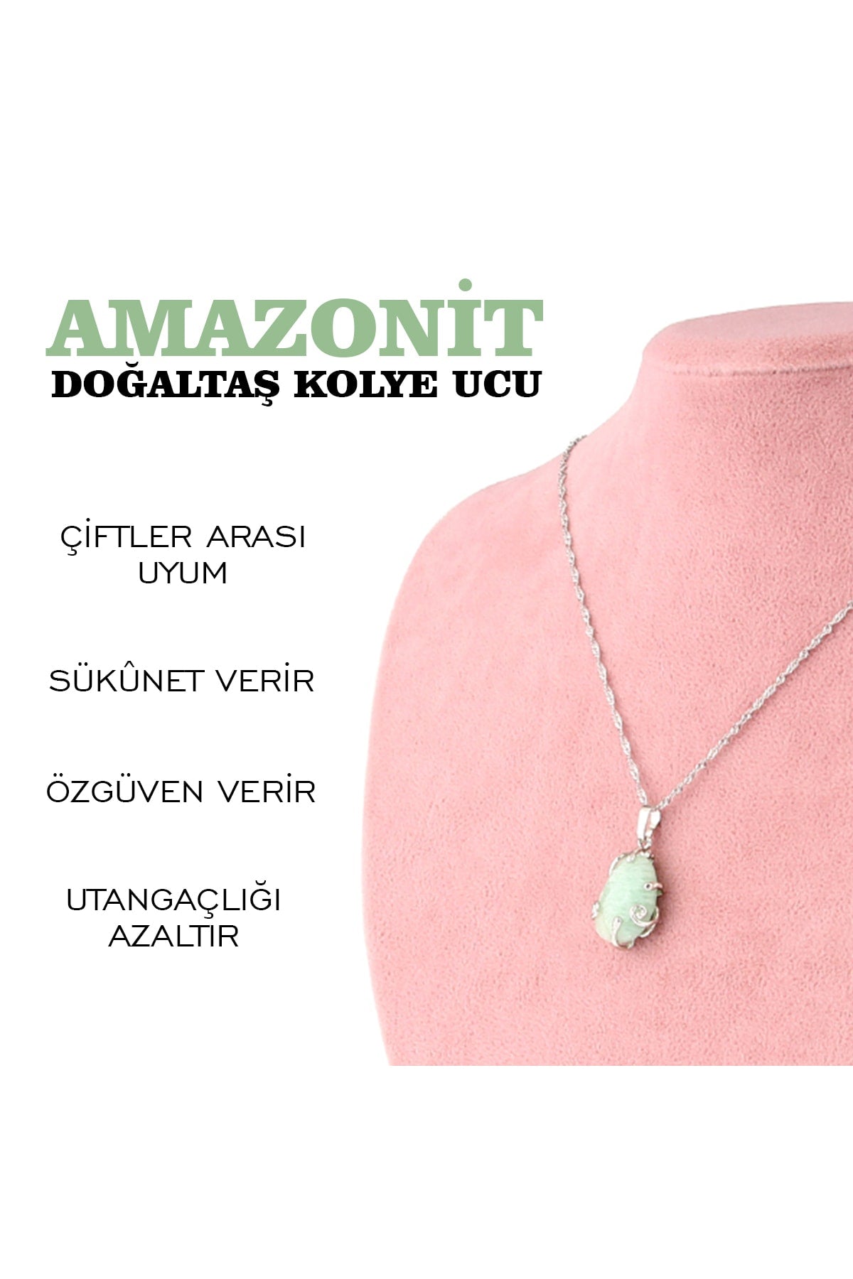 Sertifikalı Amazonit Doğaltaş Kolye Ucu, Gümüş Zincirle Beraber M430