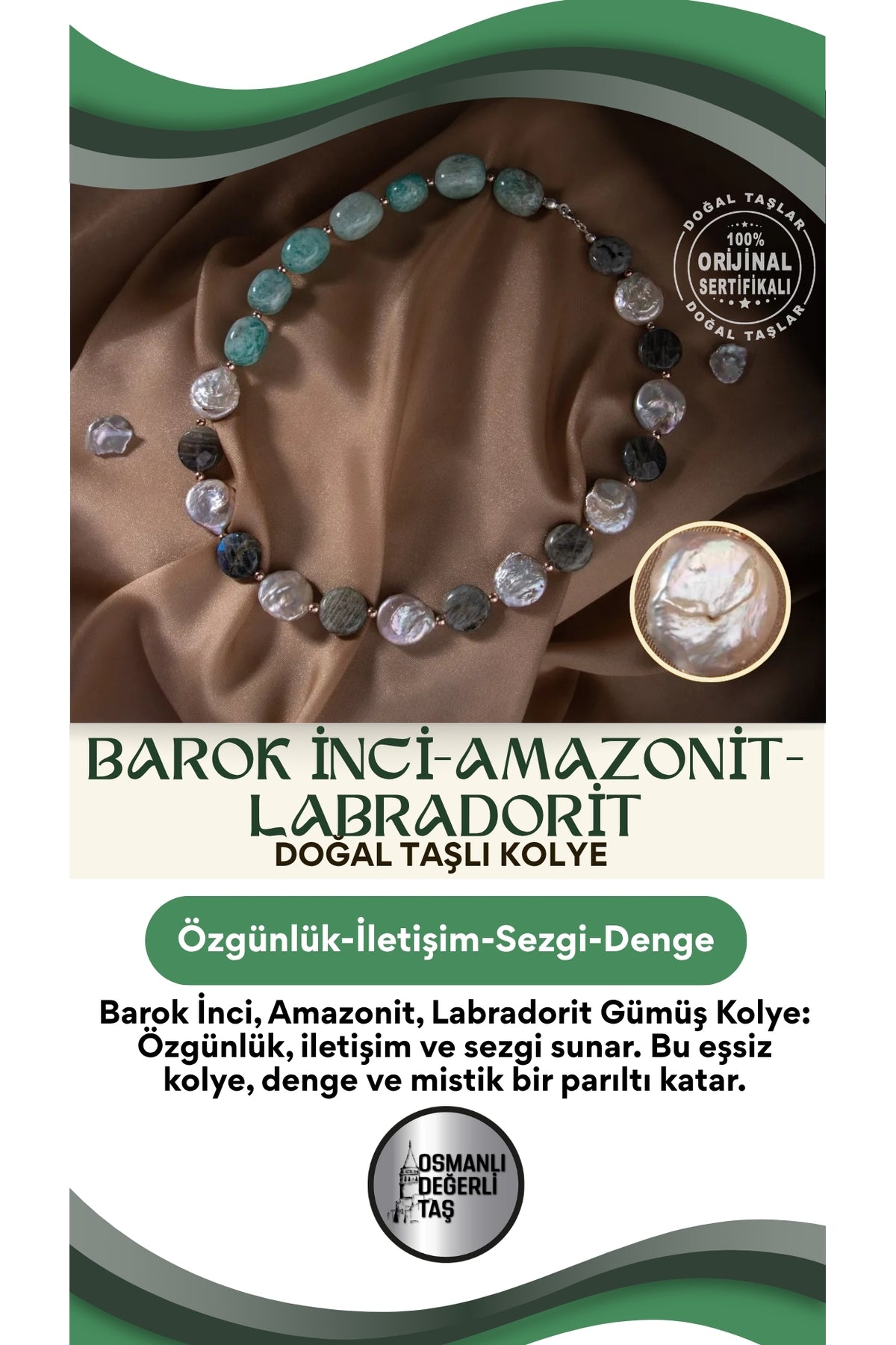 Barok Inci-amazonit-labradorit Doğal Taş Gümüş Kolye