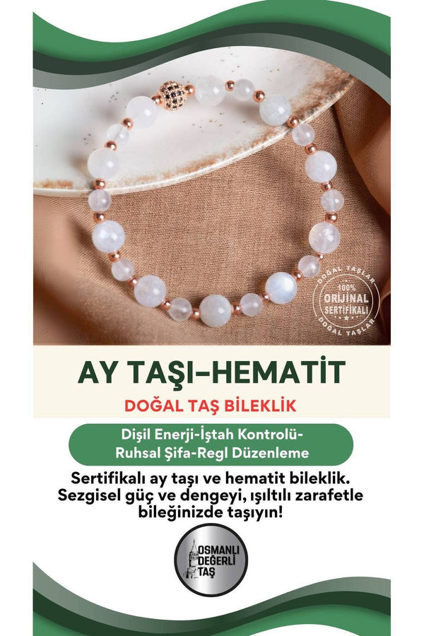 SERTİFİKALI Ay Taşı-Hematit Doğal Taş Bileklik 6-8 mm