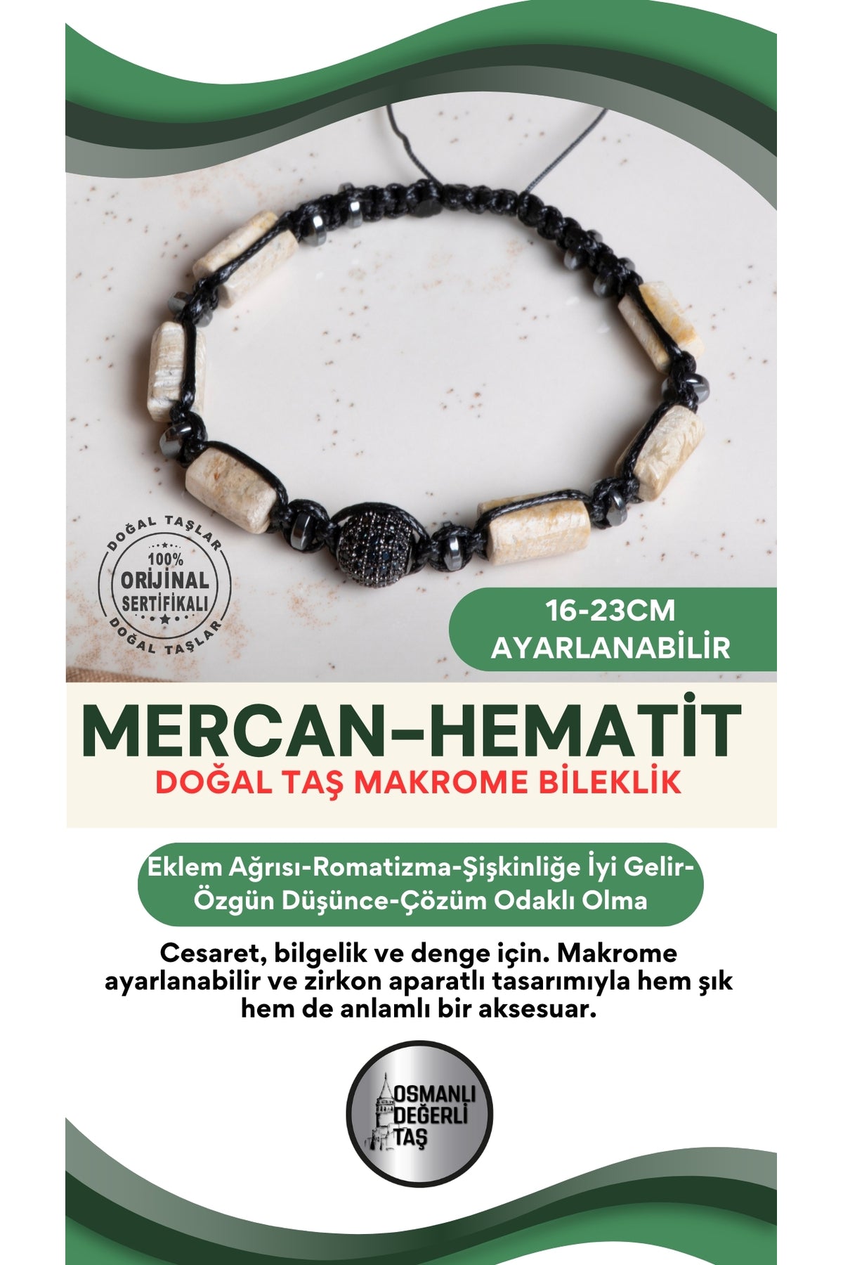 SERTİFİKALI Mercan-Hematit Doğal Taş Makrome Ayarlanabilir Zirkon Aparatlı Bileklik
