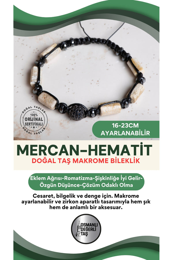 SERTİFİKALI Mercan-Hematit Doğal Taş Makrome Ayarlanabilir Zirkon Aparatlı Bileklik
