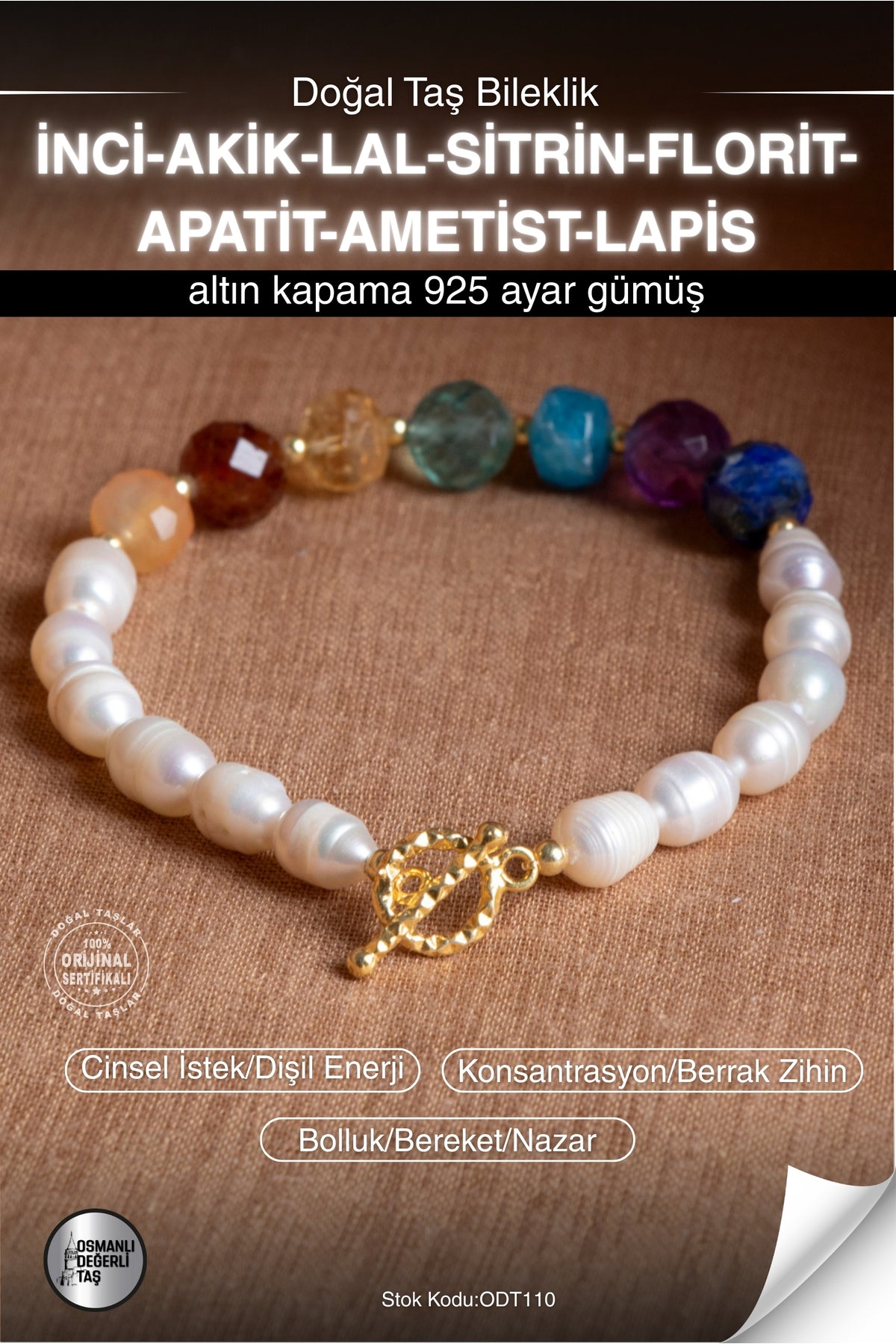 Sertifikalı İNCİ-AKİK-LAL-SİTRİN-FLORİT-APATİT-AMETİST-LAPİS Doğal Taş Altın Kaplama Bileklik ODT110