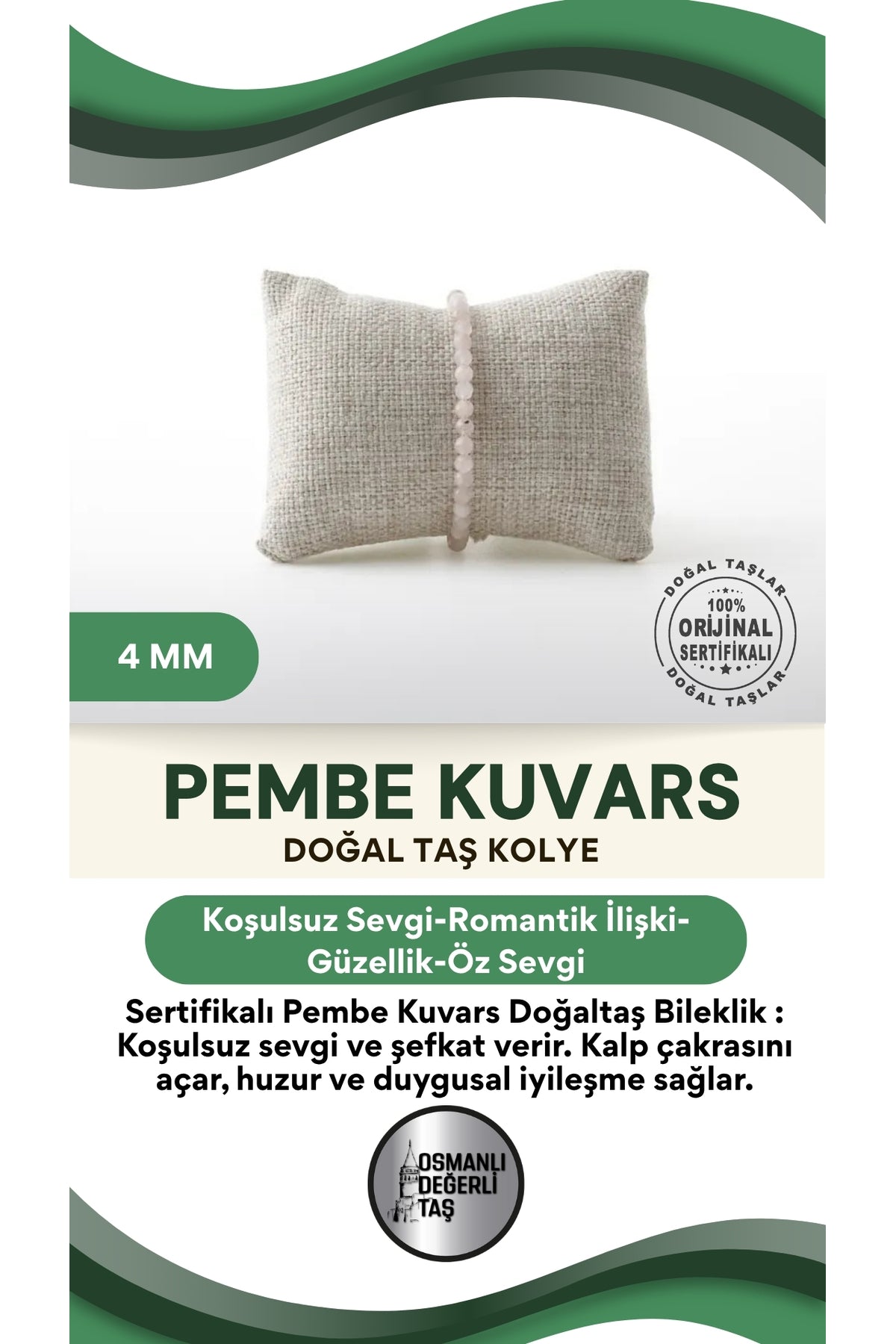 Sertifikalı Pembe Kuvars Doğaltaş Bileklik 4 Mm, B969