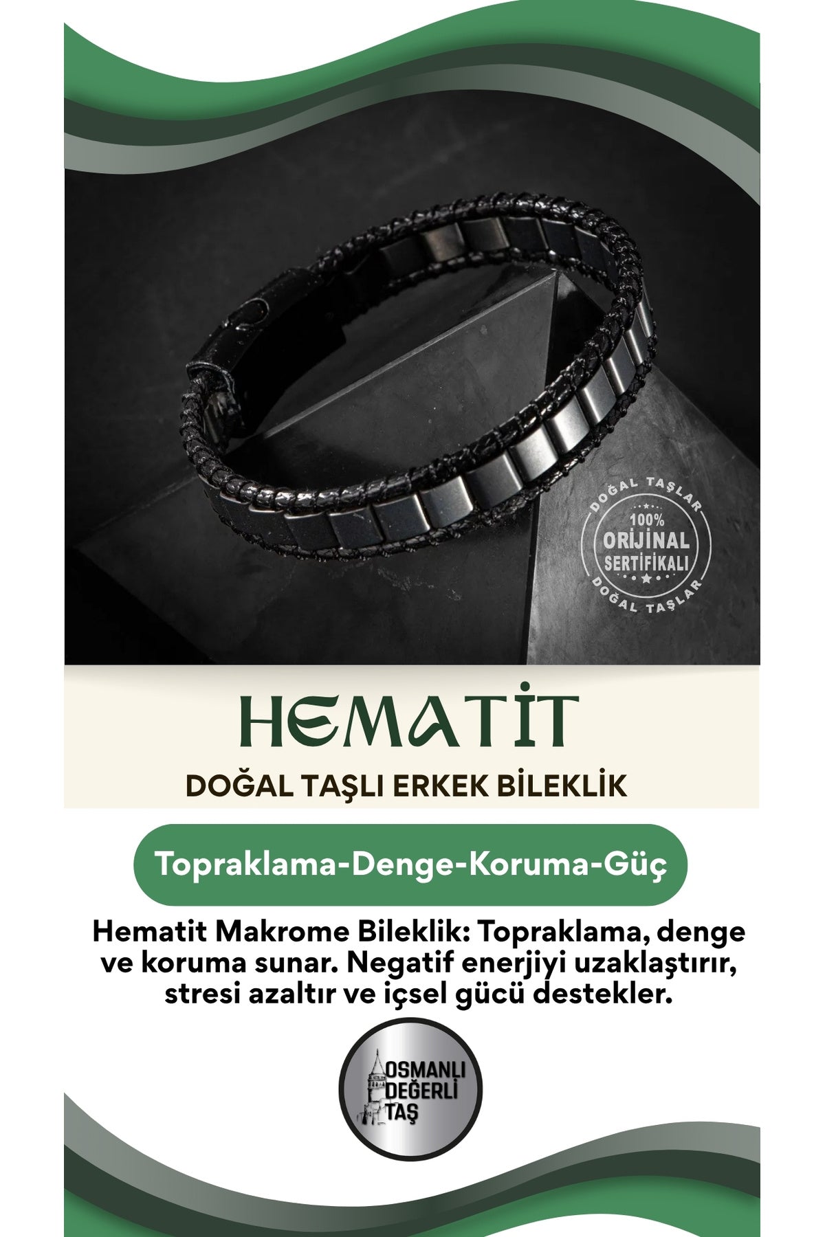 Hematit Doğal Taşlı Erkek Makrome Bileklik