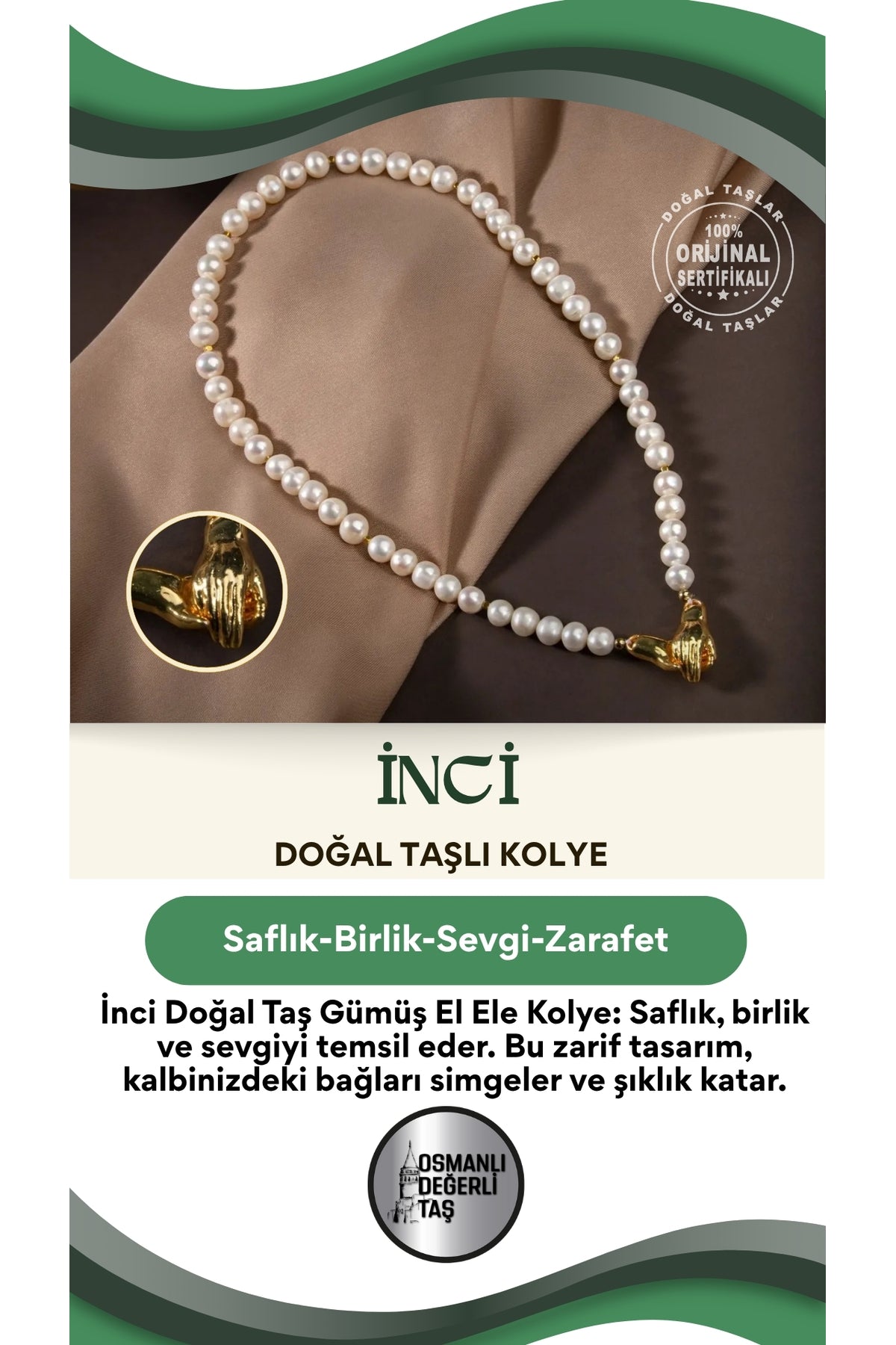 Inci Doğal Taş Gümüş El Ele Kolye