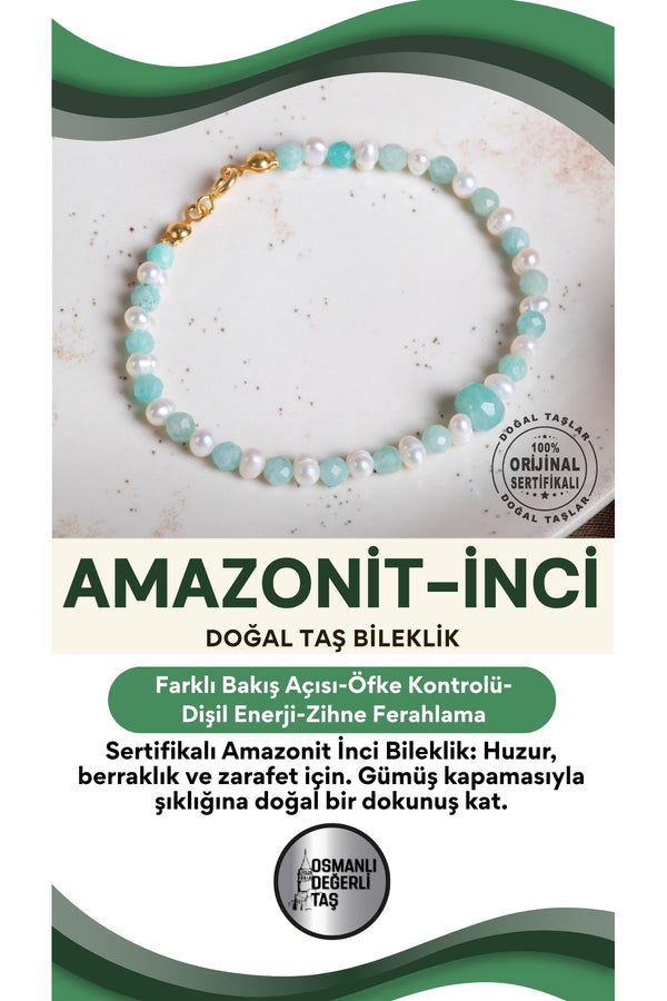 SERTİFİKALI Amazonit İnci Doğal Taş Gümüş Kapama Bileklik