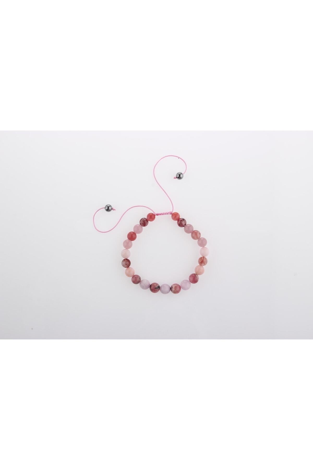Pembe Kuvars, Pembe Opal, Altın Rutilli Kuvars, Hakiki Yemen Akiği, Rodokrozit, Kunzit Bileklik B905