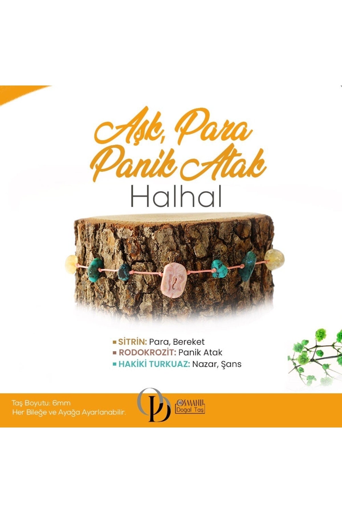 Sertifikalı Sitrin, Rodokrozit, Hakiki Turkuaz Doğaltaş Halhal 6 Mm, B930