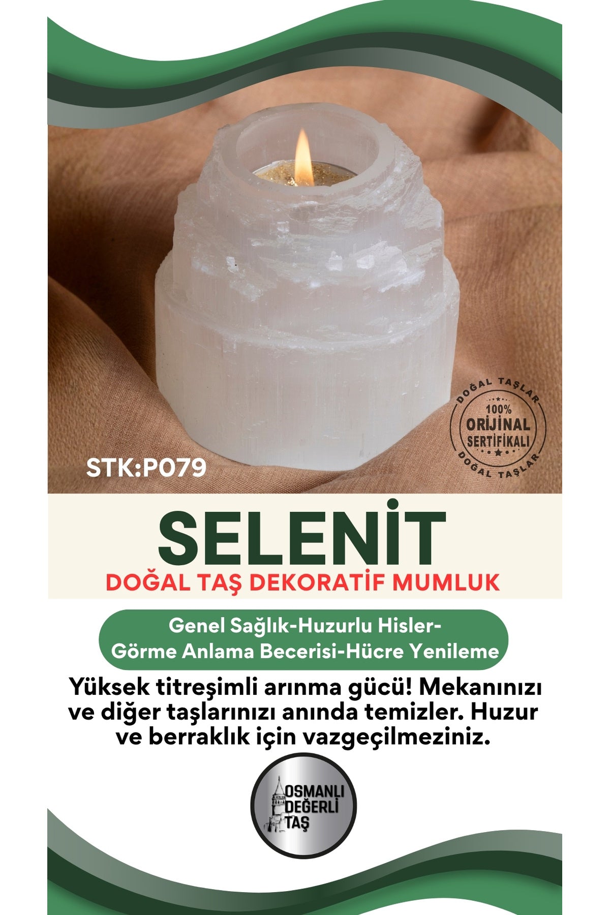 Sertifikalı Selenit Doğal Taş Dekorafit Mumluk P079