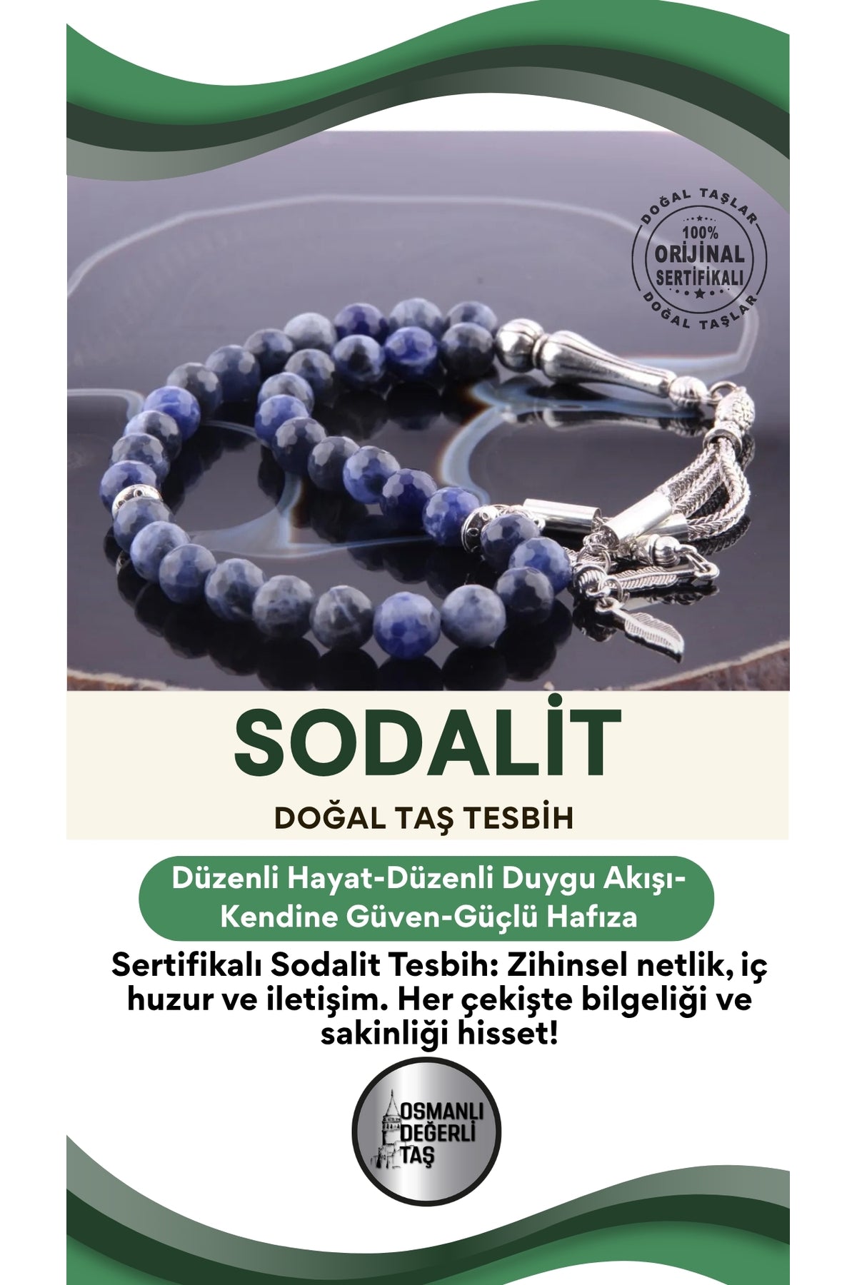 Sertifikalı Sodalit Doğal Taş Tesbih T185