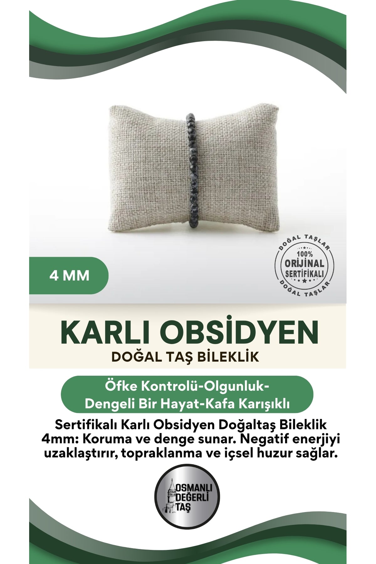Sertifikalı Karlı Obsidyen Doğaltaş Bileklik 4 Mm, B960
