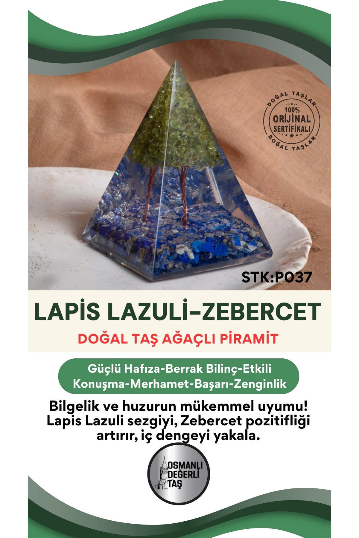 Sertifikalı Lapis Lazuli-Zebercet Doğal Taş Piramit P037