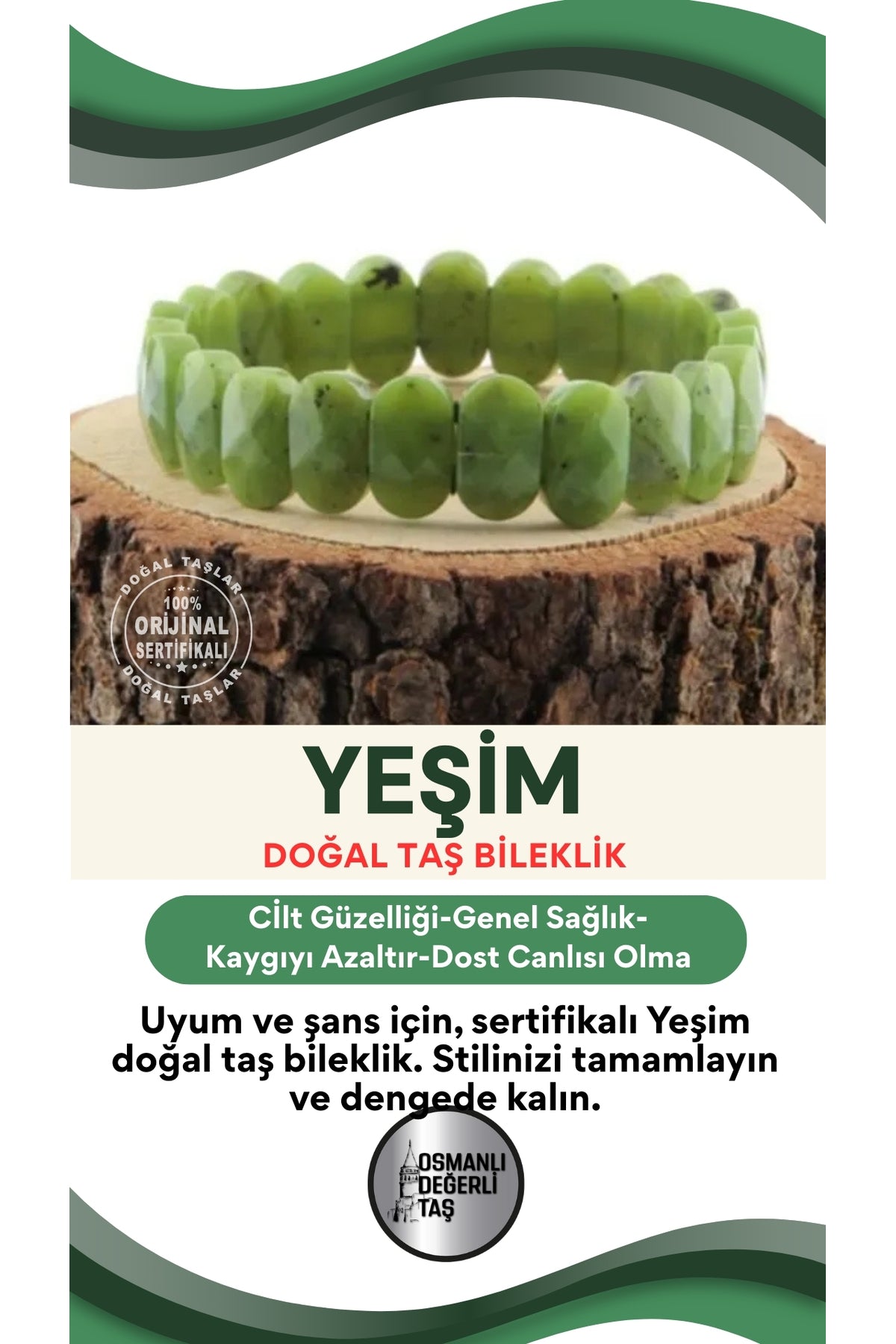Sertifikalı Yeşim Doğal Taş Bileklik B781