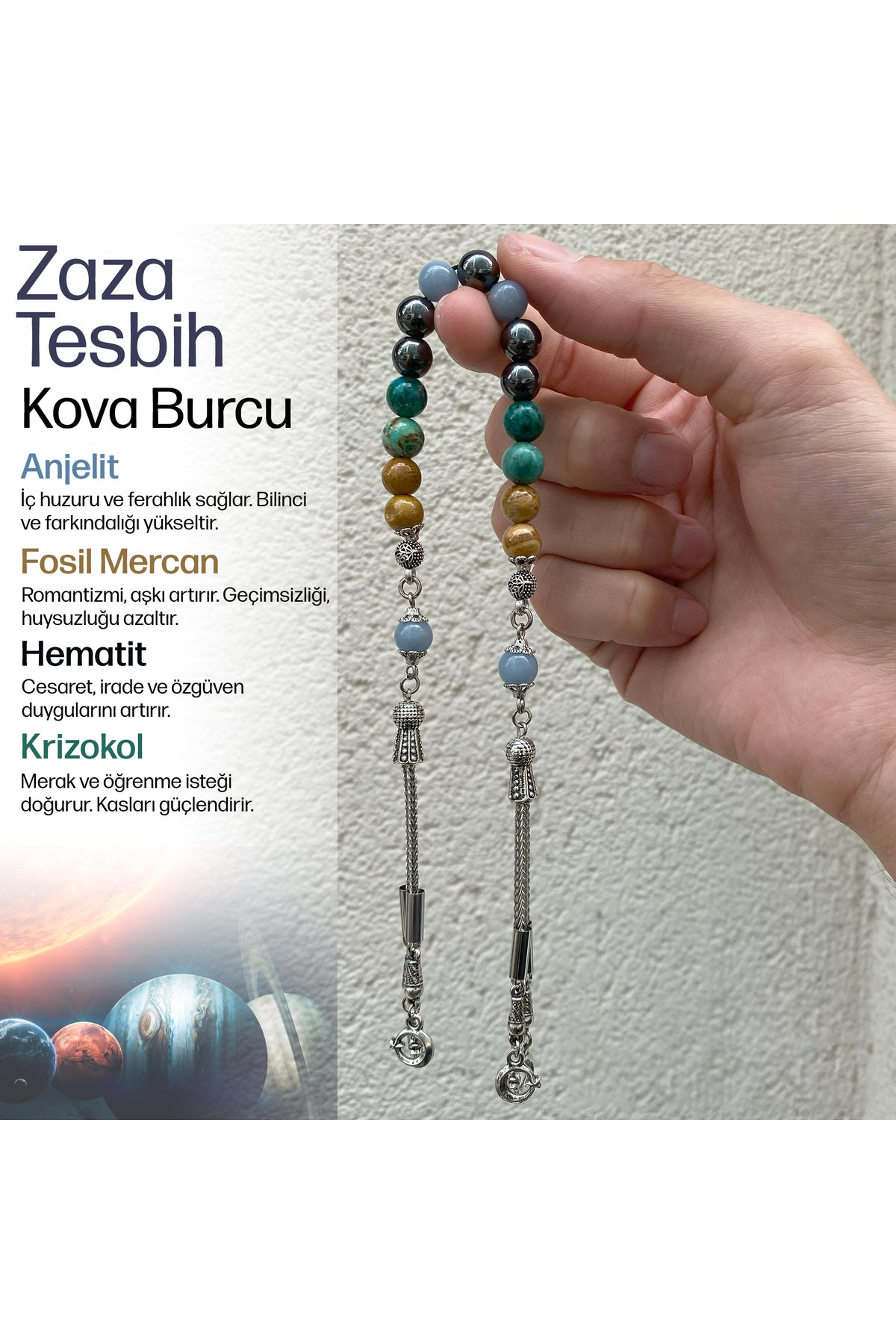 Kova Burcu Zaza Tesbih Doğal Taş Anjelit, Fosil Mercan, Hematit, Krizokol