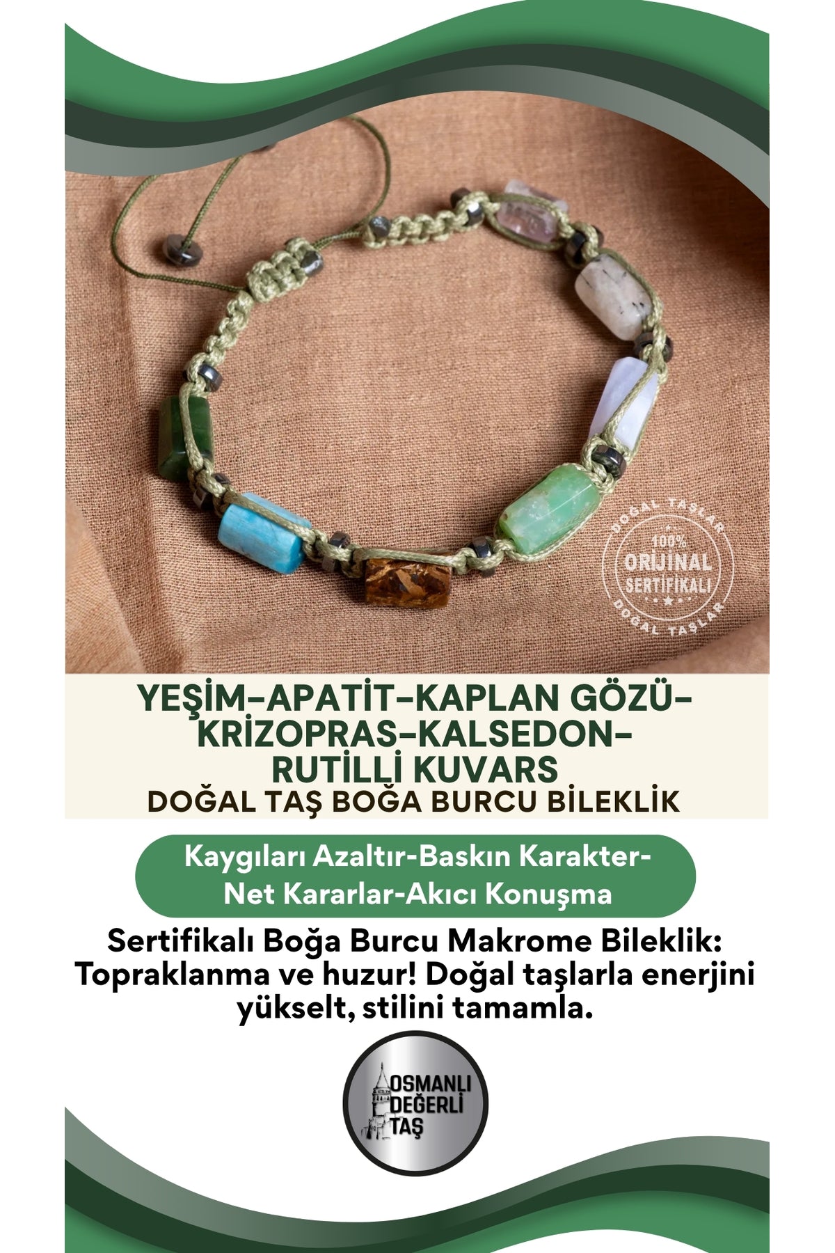 SERTİFİKALI Boğa Burcu Doğal Taş Makrome Ayarlanabilir Bileklik