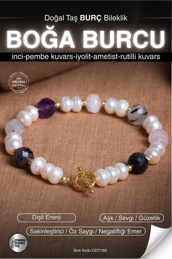 SERTİFİKALI İnci-Kuvars-İyolit-ametist-Rutilli K. Boğa Burcu Doğal Taş Gümüş Aparat Bileklik ODT169